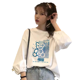白色长袖t恤女百搭时尚灯笼袖春秋季新款韩版宽松学生洋气上衣服