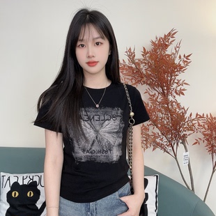 爆款 烫钻蝴蝶印花宽松短袖 2025欧货小衫 t恤女装 体恤上衣纯棉 夏季