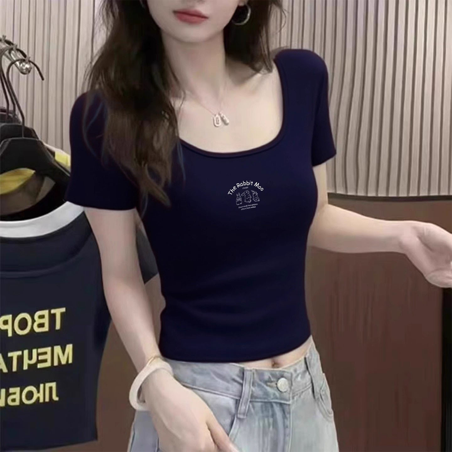 纯棉U领正肩短袖t恤女夏季2025