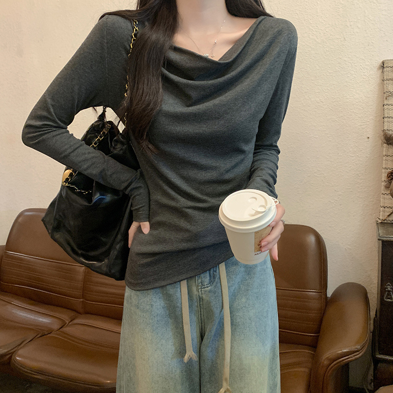 春秋高级感堆堆荡领长袖t恤女