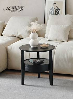 蒙古订购边桌黑色简单覆古设计师客厅咖啡桌沙发角桌圆形床头柜
