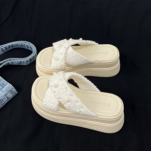 配裙子凉拖鞋 34夏外穿2026新款 女小码 厚底增高7CM小个子珍珠拖鞋