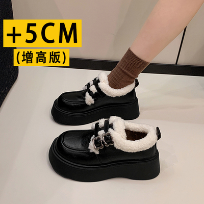 增高5CM小个子黑色小皮鞋女加绒