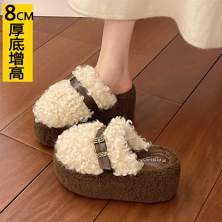 厚底内增高8CM小个子小码34包头毛毛拖鞋女外穿2025秋冬季棉拖鞋