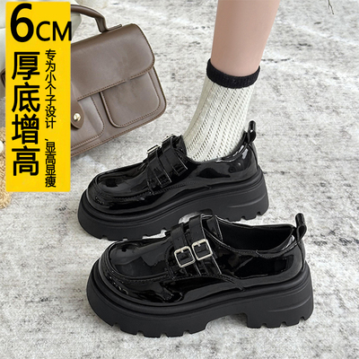 厚底增高6cm亮黑色小皮鞋女春季