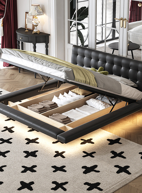 国补意式极简真皮悬浮床简约1.8米主卧黑色昂达床头层牛皮储物床