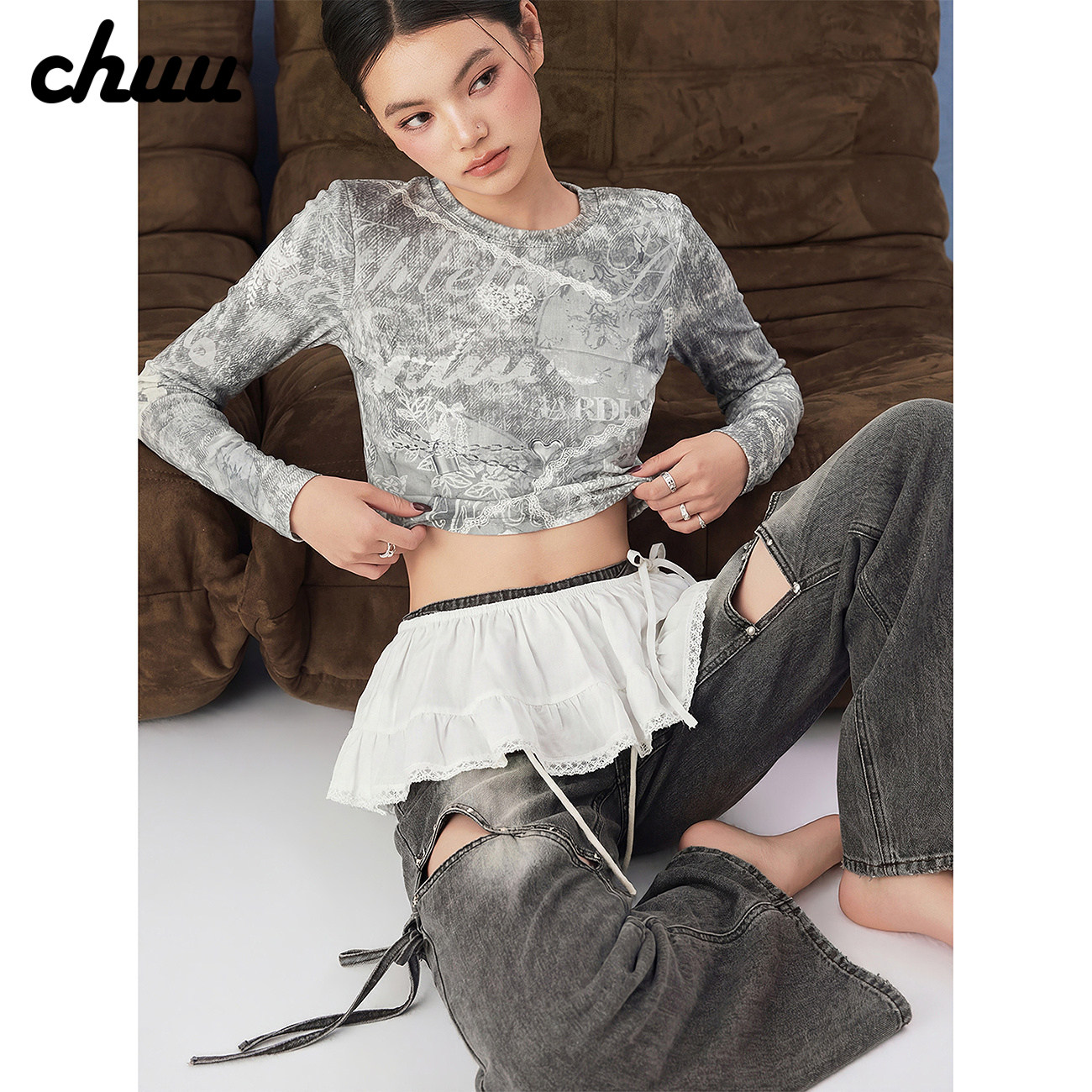 CHUU字母玫瑰印花T恤女2026夏季新品朋克皮肤衣纱网长袖打底衫薄