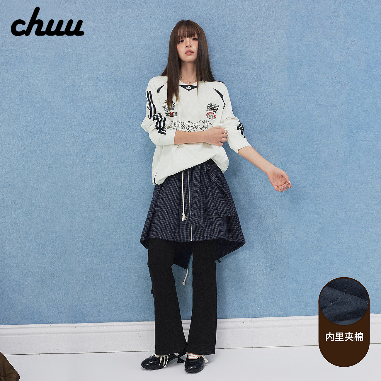 CHUU格子绑带屁帘女2026年冬季新品字母绣花夹棉腰封百搭其他配件
