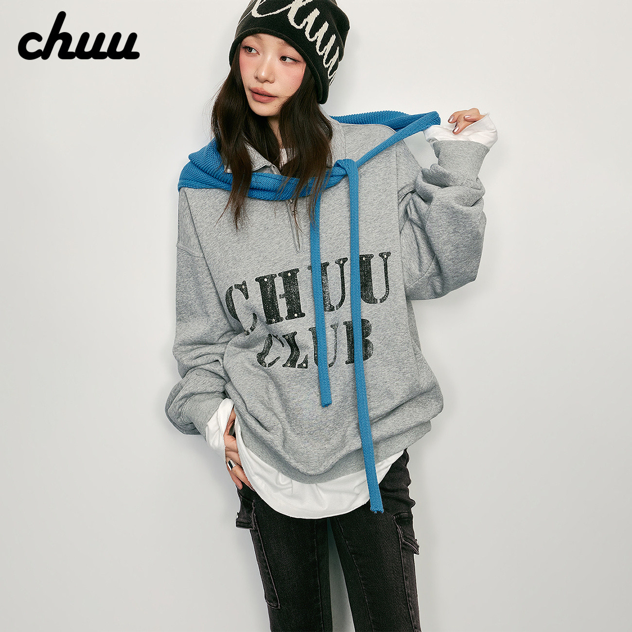 【政瞳系列】CHUU中性字母卫衣男女2026冬新品铆钉polo领长袖上衣