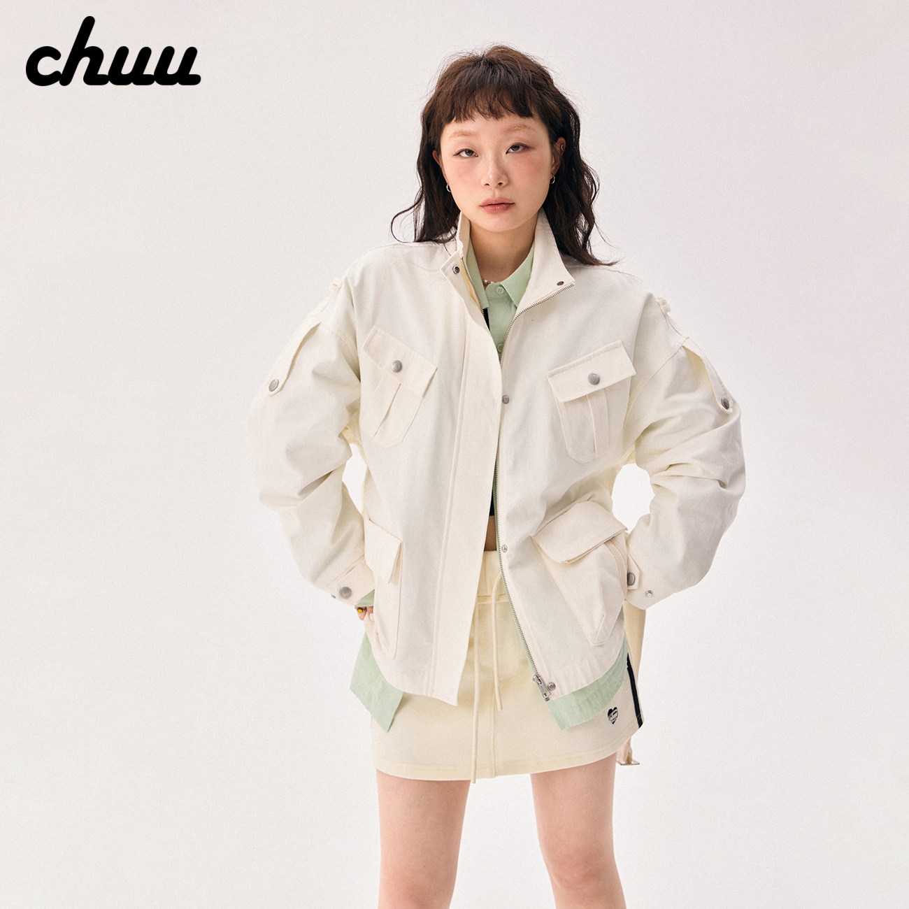 CHUU多口袋白色外套女2026春秋新品宽松工装风衣腰带长袖夹克上衣