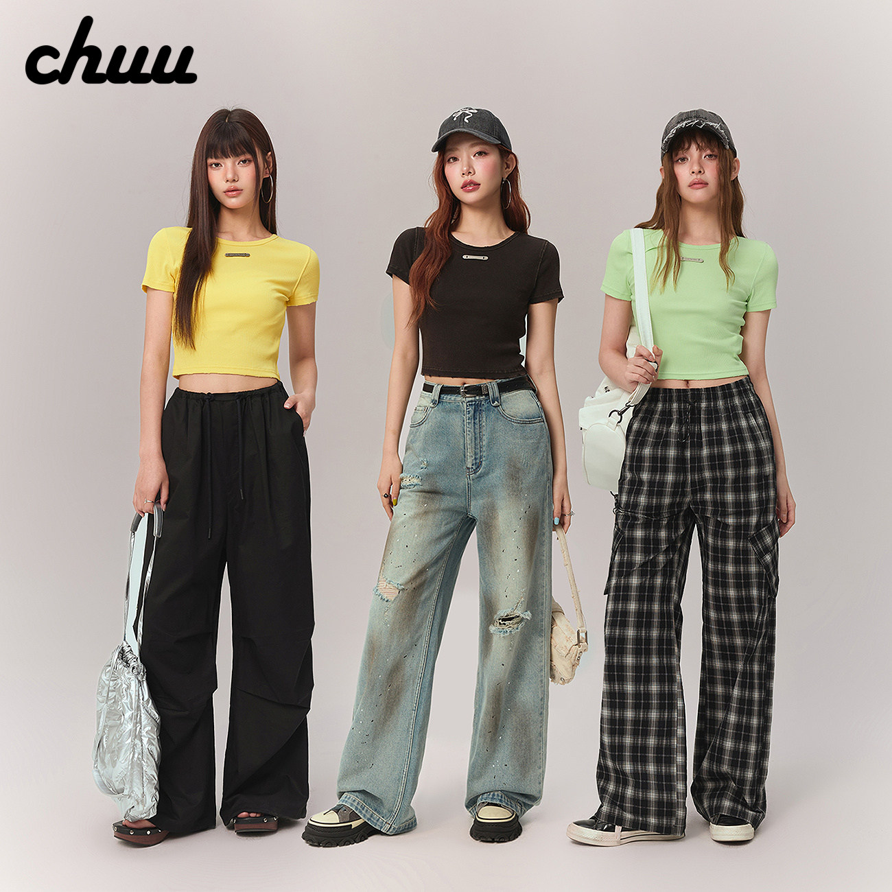CHUU金属标磨破短袖T恤女2026夏季新款薄荷绿修身圆领打底短上衣