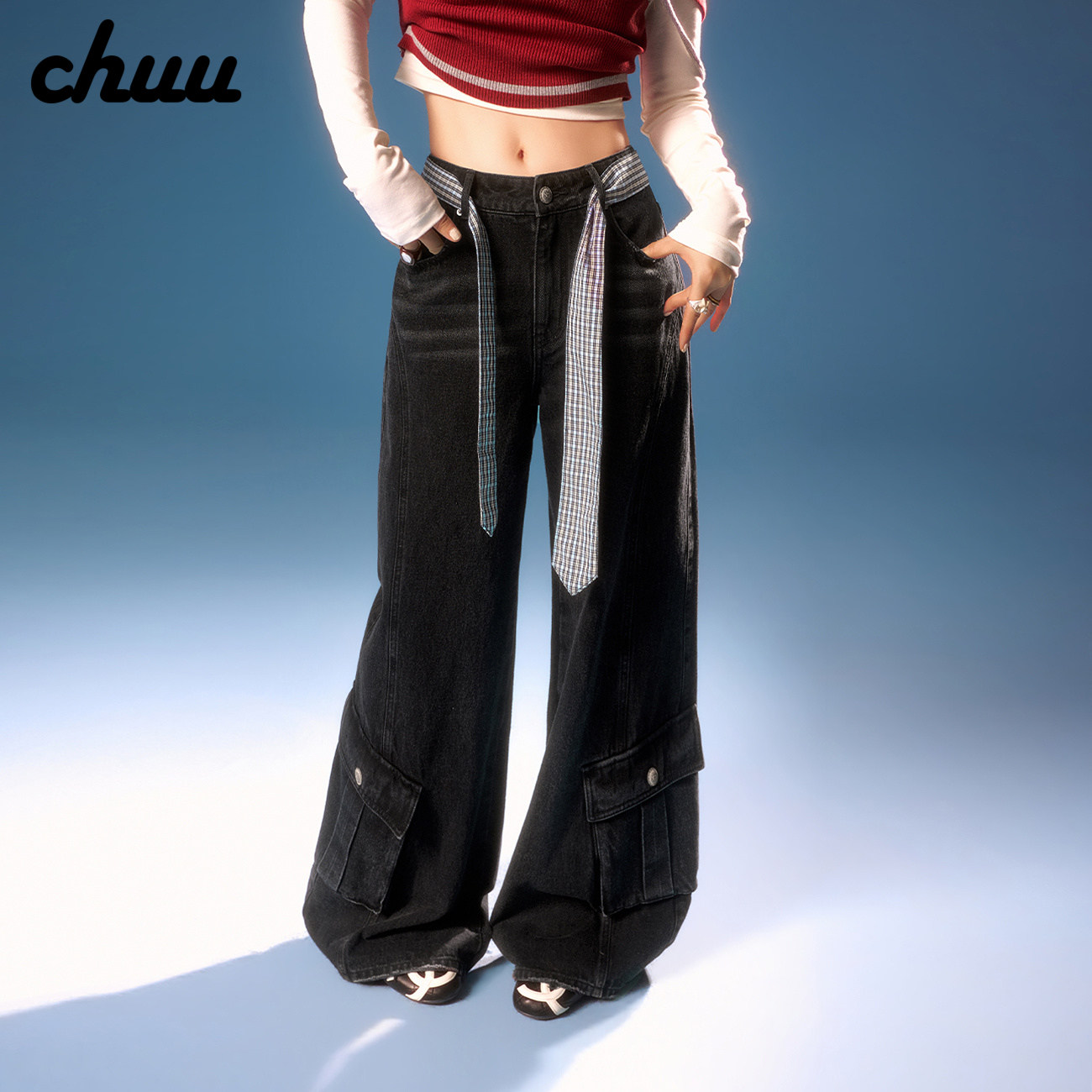 CHUU磨破阔腿牛仔裤女2026年秋季新品设计感格子腰带百搭宽松长裤