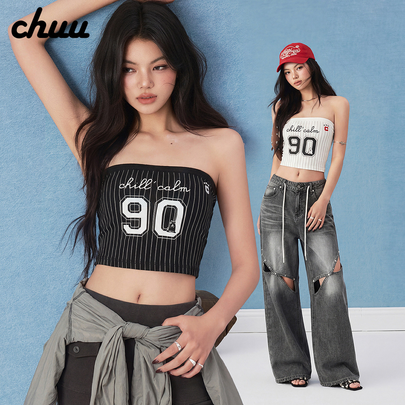 【段艺璇同款】CHUU一字肩抹胸女2026夏新品卡通字母印花修身背心