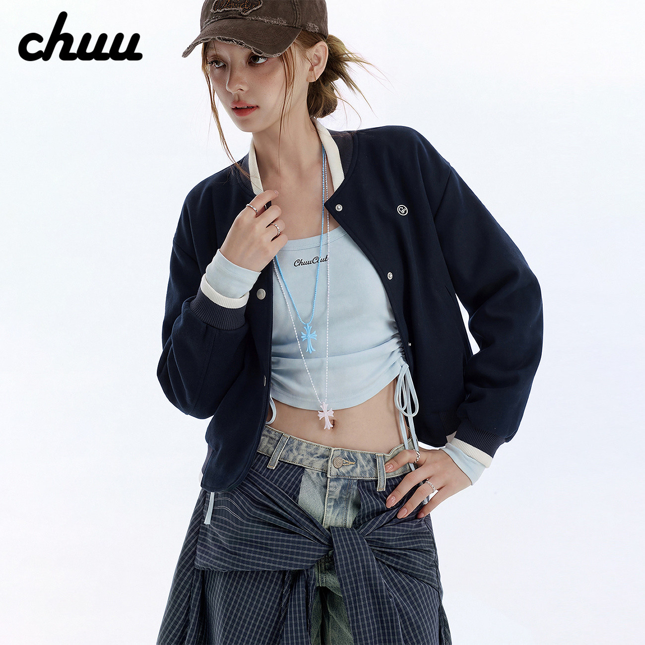 CHUU字母刺绣外套女2026年秋季新品撞色拼接单排扣长袖棒球服外套
