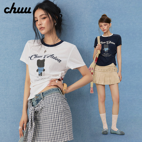 CHUU卡通小熊T恤女2026夏季新品字母印花不对称褶皱撞色短袖上衣