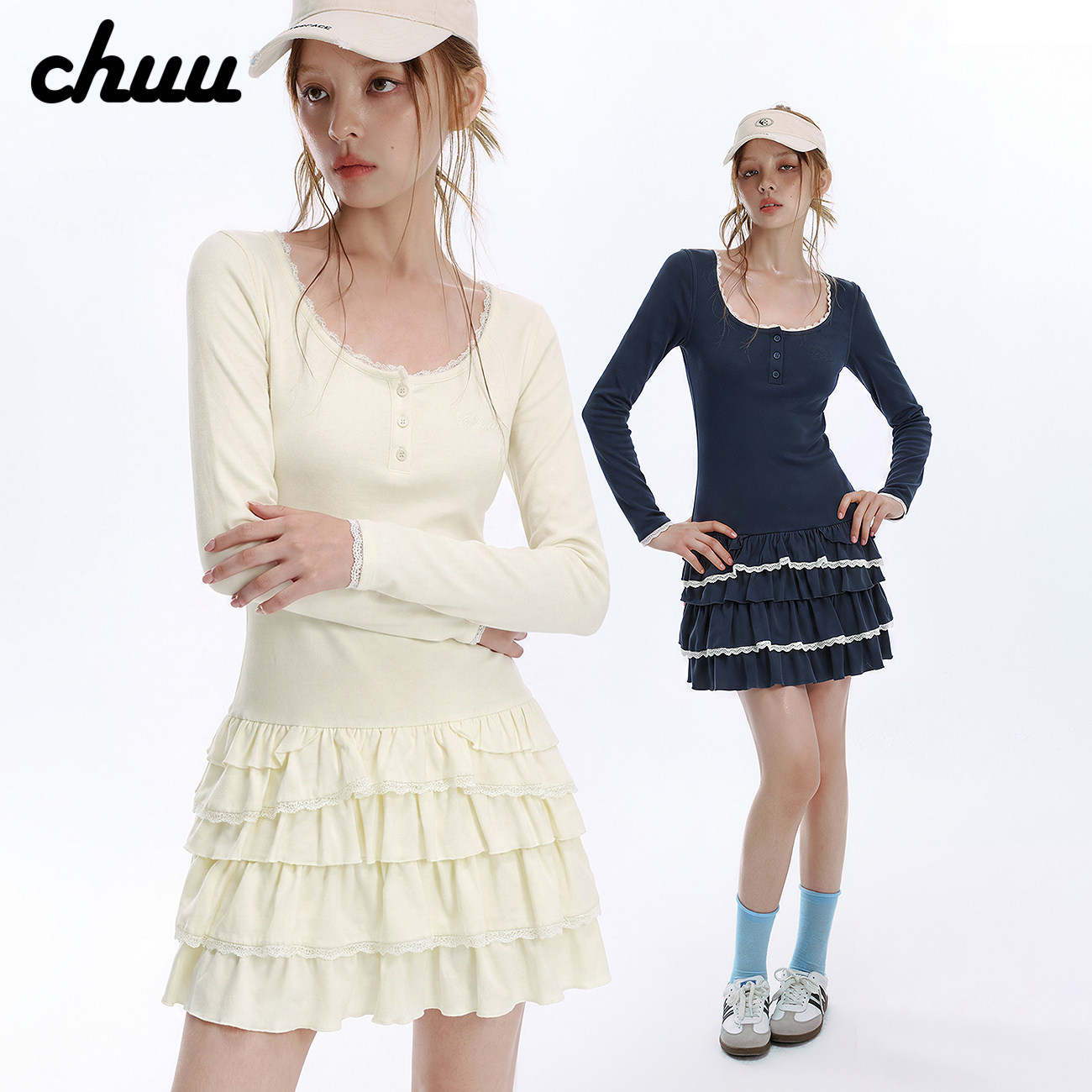 CHUU蕾丝花边连衣裙女2026秋季新品字母绣花荷叶边修身长袖短裙子