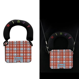 红蓝格子皮纹为Purax手机壳小米Mixflip2中轴保护OPPON3flip铰链全包荣耀VFliP2挂绳三星Zflip7支架