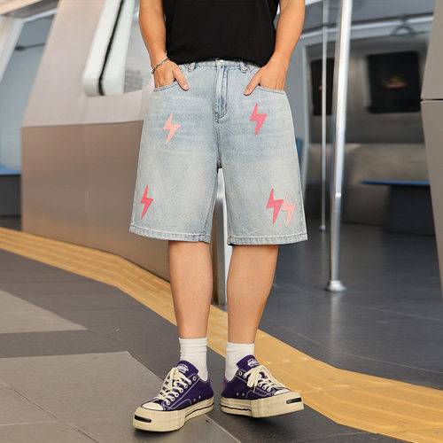 夏季高街刺绣牛仔五分短裤男