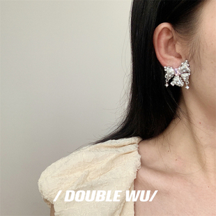 s925银针金属蝴蝶结镶钻粉钻耳环乔欣同款小众设计感高级夸张耳钉