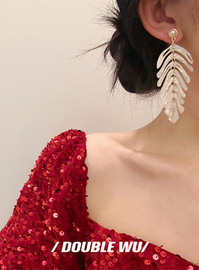 杨采钰同款树叶珍珠耳环绿色夸张耳坠夏季小众设计晚宴气质耳钉女