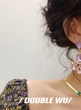 925银针巴洛克风紫色耳坠孔雀羽毛超闪合金镶钻耳环长款气质高级