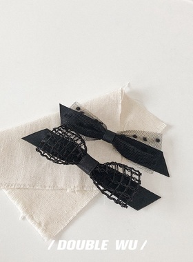 镂空方格渔网蝴蝶结薄纱波点黑色蝴蝶结布艺发夹边夹日韩刘海发夹