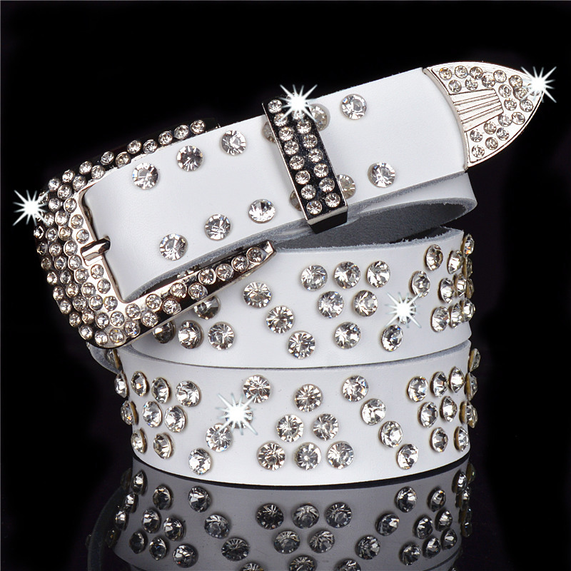 新款满钻女真皮带牛仔裤带针扣带百搭时尚牛皮带水钻腰带裙带