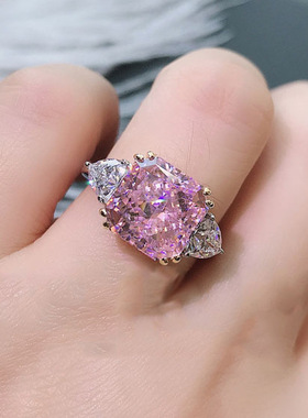 抖音快手网红直播 八心八箭公主方仿真粉碧玺闪钻分色开口戒指女