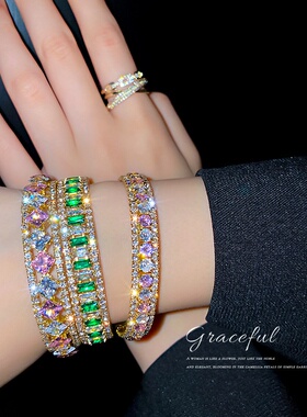 欧美时尚夸张个性满钻手镯春季新款正方形钻手环网红设计感手饰女