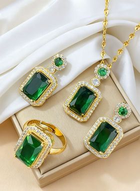项链女韩式ins锆石祖母绿戒指小众耳环套装通勤耳饰气质锁骨链