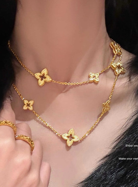 18K真金电镀轻奢锆石条纹菱形镂空花朵项链时尚高级感精致项饰女