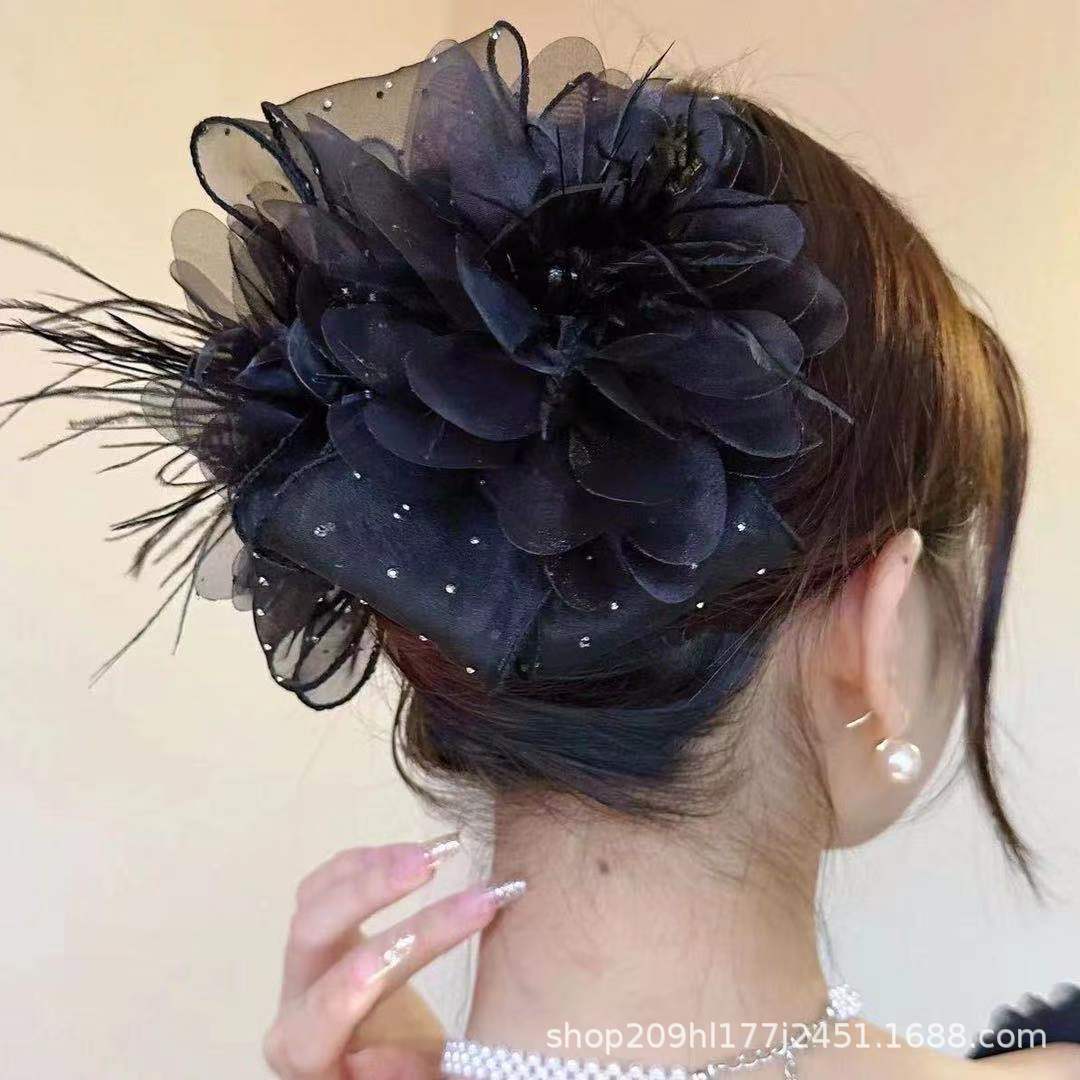 新款网纱羽毛蝴蝶结抓夹蓬松显发量头饰后脑勺盘发大号鲨鱼夹