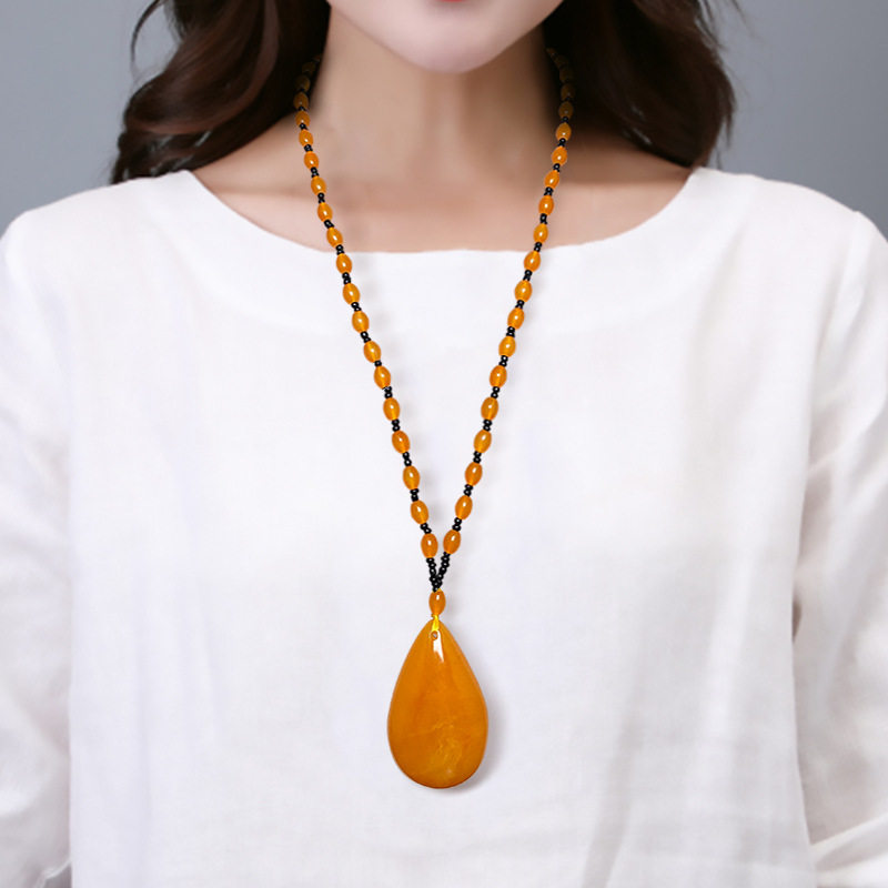 蜜蜡福禄寿项链水滴民族风琥珀老蜡吊坠平安牌男女毛衣链配饰