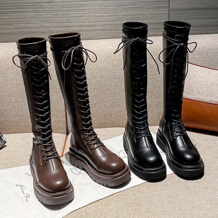 长筒靴女2023夏秋新款超火显瘦不过膝高筒靴厚底马丁靴爆款长靴子