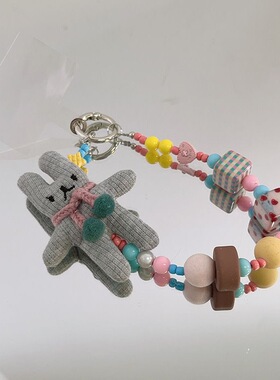 重工毛线编织小兔子手机壳挂绳复古小众钥匙扣包包挂件相机装饰