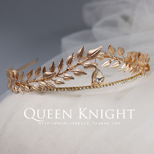 2022新复古希腊女神水钻金叶子发箍皇冠新娘结婚写真礼服生日头饰