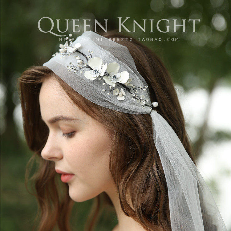 唯美别致手工花朵黑色长款头纱欧美简约新娘结婚轻婚纱旅拍配饰