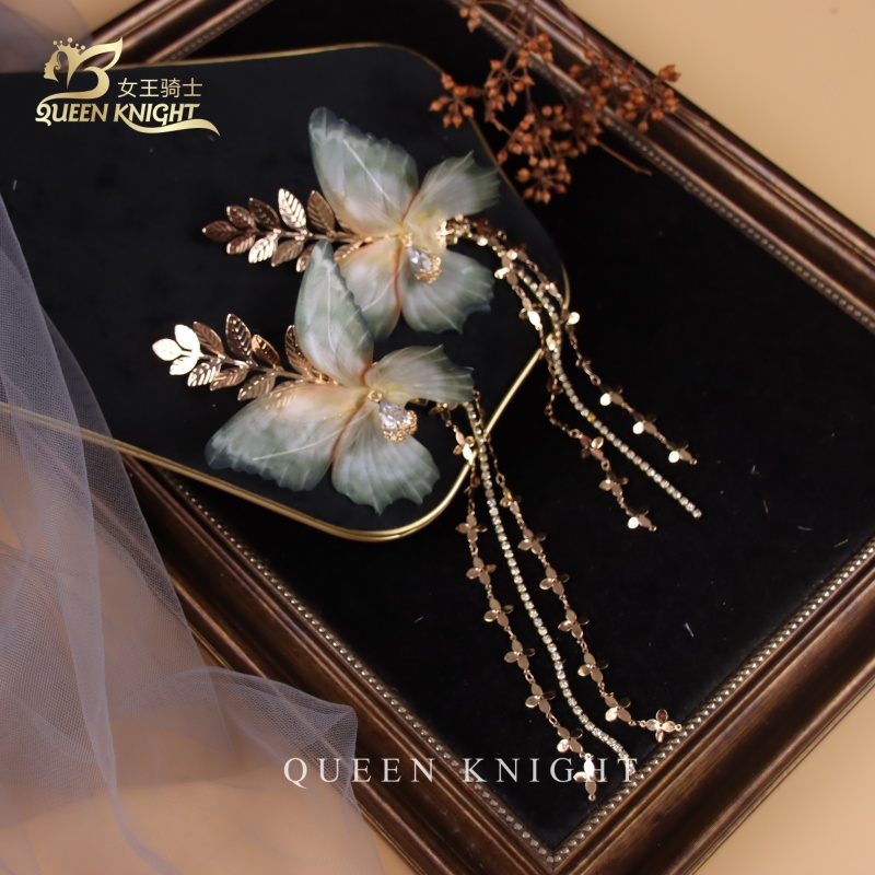 2024原创新复古枯叶蝶金叶子手工水钻流苏边发夹写真拍照造型旅行