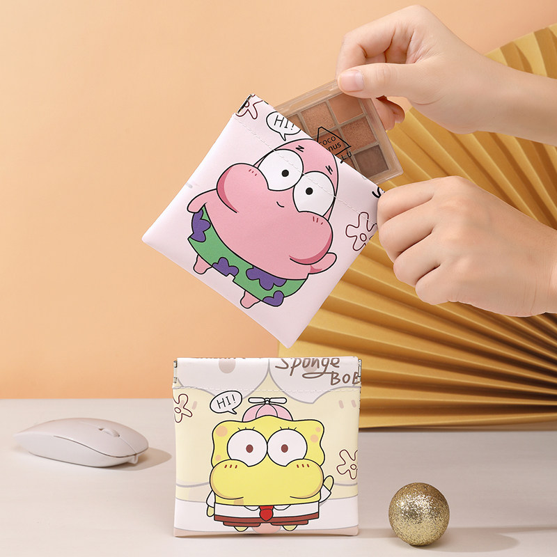 卡通海绵宝宝口红包随身化妆包自动闭合收纳包弹片迷你便携收纳袋