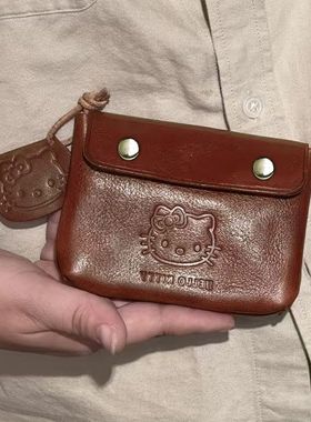 KT小猫手工复古皮质零钱包女可爱迷你便携耳机钥匙证件随身小卡包