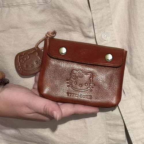 KT小猫手工复古皮质零钱包女可爱迷你便携耳机钥匙证件随身小卡包