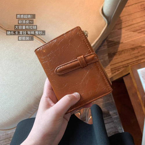 复古质感钱包女短款大容量抽带折叠钱夹新款简约小众设计零钱卡包