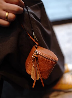 简约植鞣牛皮钥匙包迷你手拎大容量耳机口红硬币文玩收纳包零钱包