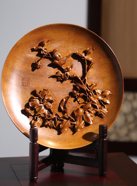 金丝楠木雕圆盘鸟语花香家居装饰