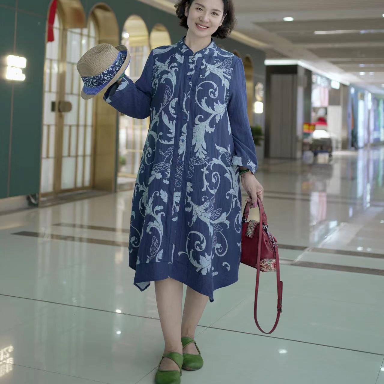 古匠蓝银纯棉刺绣双层纱秋款连衣睡衣/家居服套装