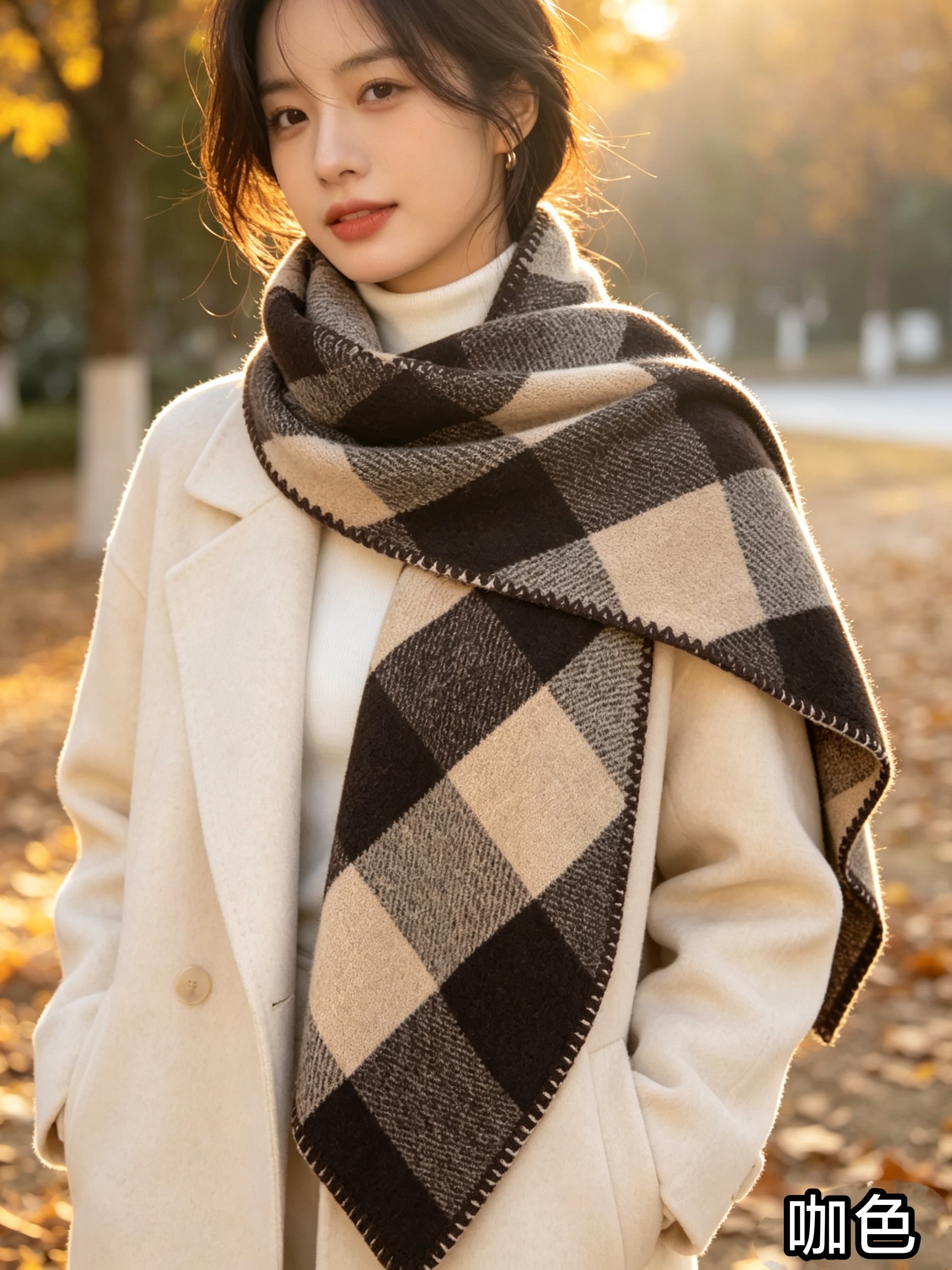 羊毛围巾女冬季保暖加厚披肩两用格子围脖
