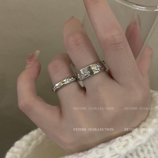 个性 银色纹理锆石开口戒指女时尚 冷淡风食指戒小众设计感情侣指环