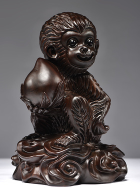 黑檀木雕猴子摆件三合十二生肖猴木头猴家居客厅办公室装饰工艺品