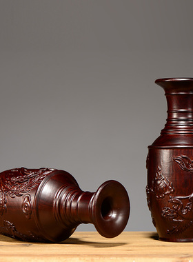 黑檀木雕刻龙凤呈祥花瓶摆件实木家居客厅中式插花工艺品新婚送礼