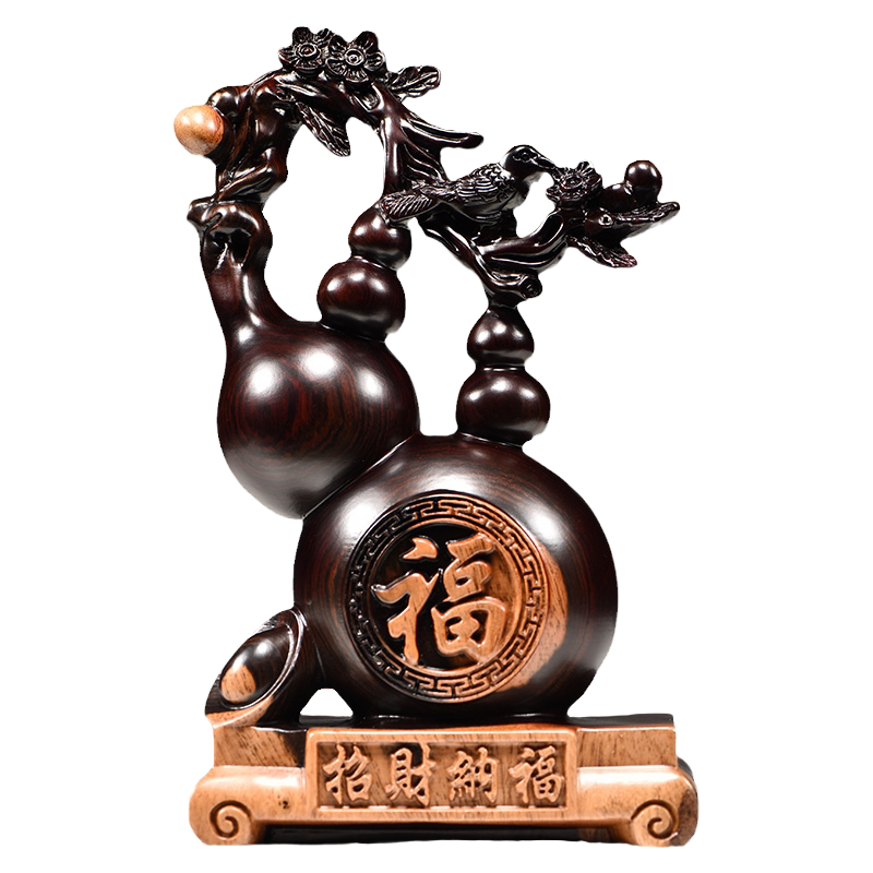 黑檀木雕葫芦摆件客厅木制五福临门喜鹊登梅新中式红木装饰工艺品